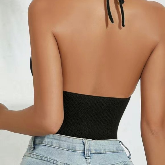 Womens Halter Crop Top Knit Large L Black Red Stretch Backless Mushroom Logo - Picture 5 of 16